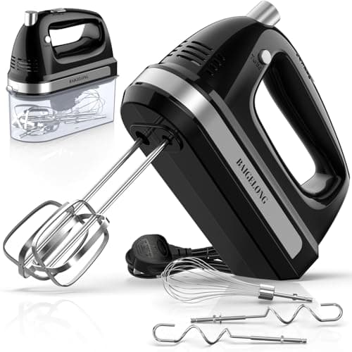 Image of BAIGELONG Hand Electric Mixer, 300W Ultra Power Food Kitchen Mixer with 5 Self-Control Speeds + Turbo Boost, 5 Stainless Steel Attachments Handheld Blender for Baking, BLACK