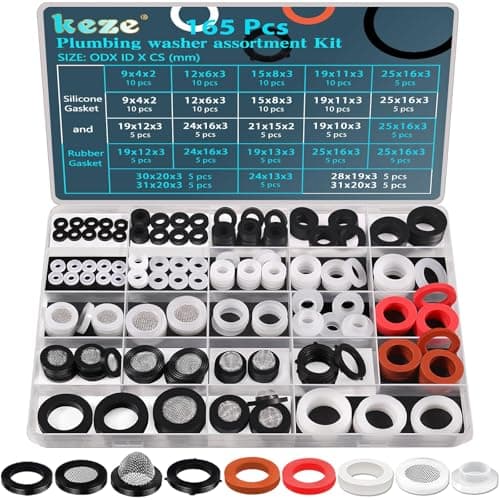 Image of KEZE 24 Sizes Plumbing Washers Assorted Kit 165 PCS Garden Hose Washer Rubber Self Locking Tabs & Shower Head Silicone Washer Seals,Water Hose Washers with Screen Filter for Repair Connection