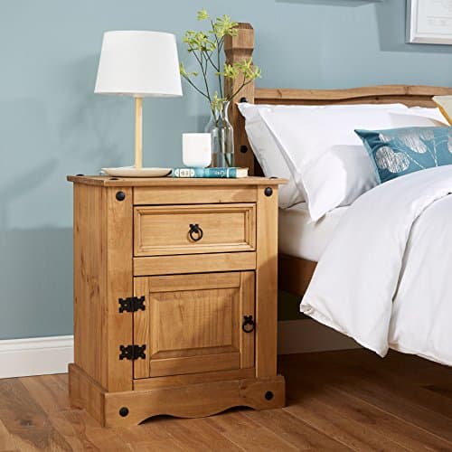 Image of Home Source Corona Solid Pine Bedside Cabinet 1 Door 1 Drawer Night Stand Table