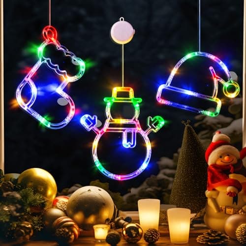 Image of LOLStar Christmas Window Lights, 3 Pack Multicoloured Stocking, Snowman, Santa Hat with Suction Cup, Timer Function and Slow Fade Mode Battery Operated Lights for Christmas Decoration New Year Eve