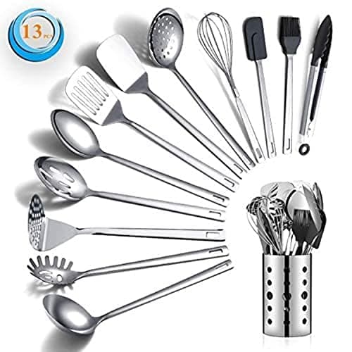 Image of Stainless Steel Cooking Utensils Set, Berglander 13 Pieces Kitchen Utensils Set, Kitchen Tools Set with Utensil Holder Non-Stick and Heat Resistant,Dishwasher Safe, Easy to Clean (13 Packs)