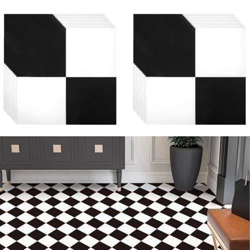 Image of AHAQU 20PCS Floor Tiles Self Adhesive Covers 19.3 ft²/1.8 m², 30x30cm/12x12in Vinyl Floor Tiles, Waterproof Peel and Stick Floor Tiles for Bathroom, Kitchen, Bedroom, Living Room- Black and White