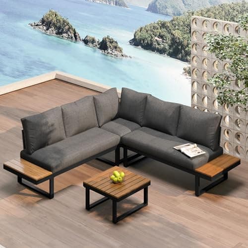 Image of Merax 4-5 Seater Garden Lounge Set, Outdoor Patio Furniture Set with Adjustable Reclining Seats, Galvanised Iron Frame,Coffee Table, 4 Piece Garden Sofa Set for Patio, Balcony, Terrace – Beige
