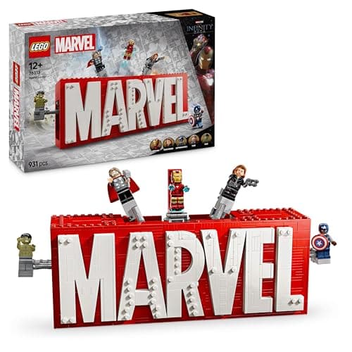 Image of LEGO Marvel Logo and His Superheroes - Collector's Building Game with Avengers Minifigures: Captain America, Iron Man, Thor, Black Widow & Hulk - Gift Idea for Boys from 12 Years Old 76313