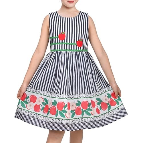 Image of Sunny Fashion Girls Dress Black White Striped Apple Embroidery Gingham Holiday Casual Age 6 Years