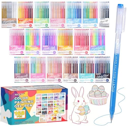Image of NICETY 168 Gel Pens for Colouring - Gel Pens Set 0.5mm Tip with 162 Shades (159 Colours + 3 White/3 Silver/3 Gold) for Professional Artists, Sketching & Journaling - Adults Craft Set