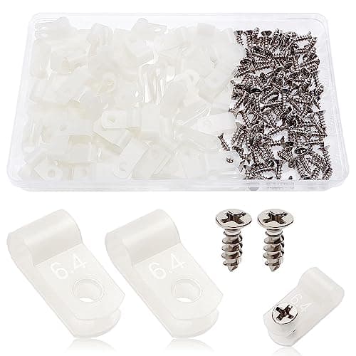 Image of VooGenzek 100 PCS 1/4 Inch R-Type Cable Clip Wire Clamp, Nylon Screw Mounting Cord Fastener Clips with 100 PCS Screws, for Wire Management (White)