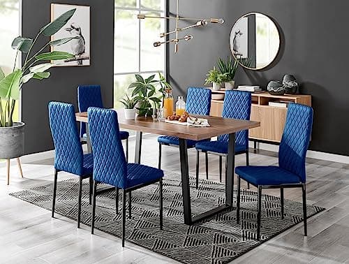 Image of Furniturebox UK Kylo Brown Wood Effect Dining Table & 6 Navy Velvet Milan Black Leg Chairs