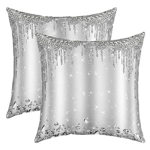 Image of richhome Silver Glitter Pillow Cover 22x22 Inch Beautiful Pearl Jewelry Shining Diamond Square Throw Pillow Cover for Kids Bedroom Decor Sequin Sparkling Decorative Reversible Print Cushion Cover