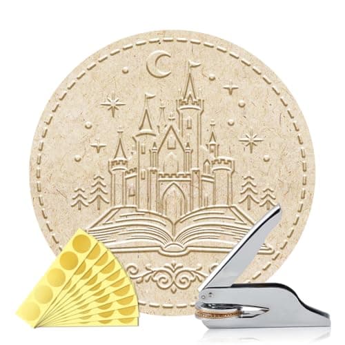 Image of ANATTASOUL Book Embosser Personalized Books Castle Pattern Book Stamp, Durable Library Stamp with Handle Set for Paper, Books, Envelopes, Invitation, Certificate, Gifts(100Pcs Gold Foil Stickers)
