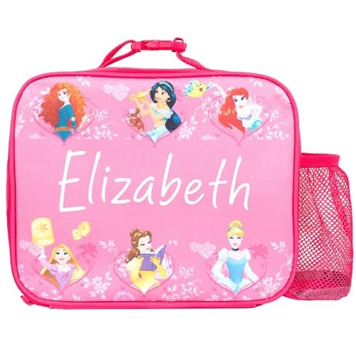 Image of Disney Princesses Personalised Kids Lunch Bag - Thermal Insulated with mesh Drinks Holder - School and Snacks Bag for Girls - Pink