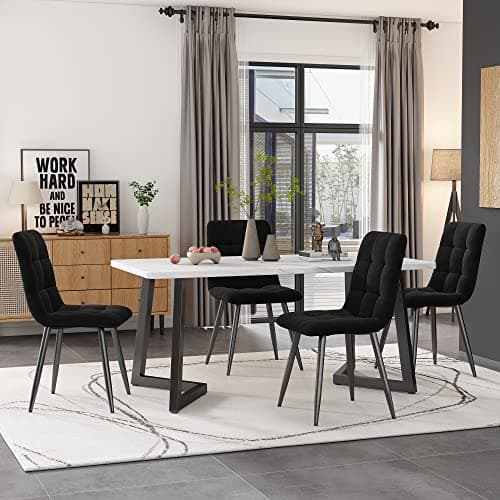 Image of ModernLuxe Dining Table in Marble Pattern, Metal Frame Rectangular Kitchen Table with Metal Legs for Dining Room Living Room, 117x68cm, White Desktop & Black Legs, 1PC