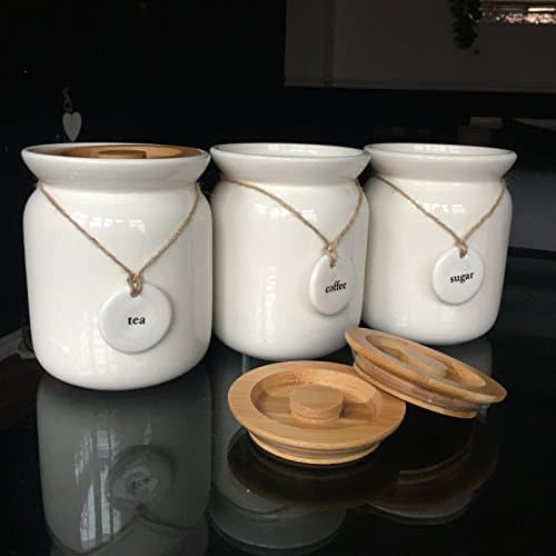 Image of Large Tea Coffee Sugar Ceramic Canisters rope labels kitchen Storage jars set