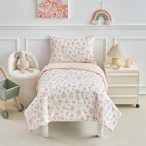 Image of DuShow Pink Floral Cot Bed Duvet Cover Set,Toddler Bedding Sets For Girls,Flower Toddler Cot Bed Duvet Cover and Pillowcase -120 x 150