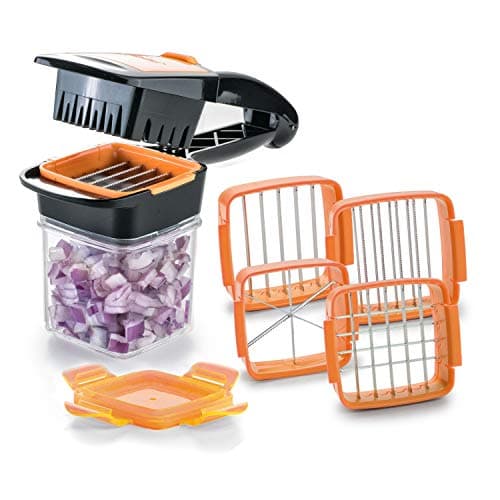 Image of Genius Nicer Dicer Quick Chopper for Fruit and Vegetables, 5 in 1 Multi Cutter with Interchangeable Blade Inserts, 30 Cubes or 10 Slices with One Click (Orange), Stainless Steel, 8 x 12 x 21 cm
