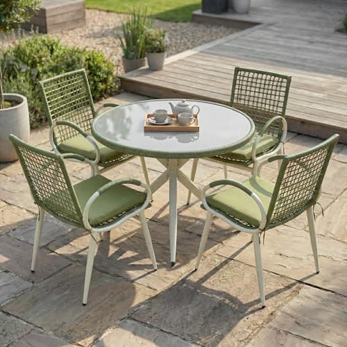 Image of Bravich Rattan Garden Furniture Set 4 Seater Patio Dining Set Outdoor Table and Chairs Garden Table and Chairs with Tempered Glass Top Cushioned Seats Green