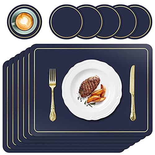 Image of APLKER Placemats and Coasters Set of 6, PU Leather Heat Resistant Washable Non-Slip Waterproof Table Mats for Kitchen Dining Table Home Décor 16.9 x 11.8 inches (Navy Blue)