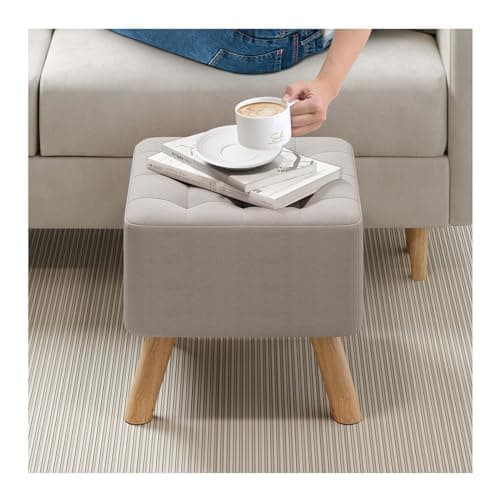 Image of INMOZATA Linen Fabric Footstool Square Upholstered Stool Pouffe Stool Change Shoe Footrest Wooden Legs for Living Room Bedroom (Beige)