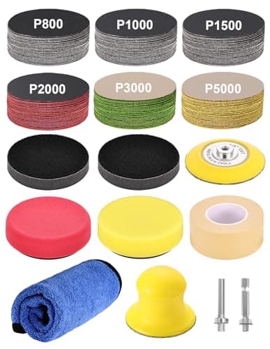 Image of 130 PCS 75mm Hook and Loop Wet Dry Sanding Discs, WEWINK PLUS Car Headlight Restoration Kit 3 Inch 800-5000 Grit Sandpaper Drill Polishing Attachment with Interface Pads, Back Plate for Wood, Metal