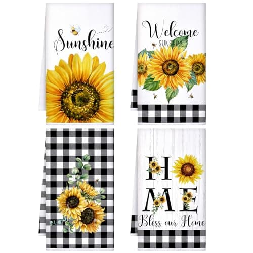 Image of Bencailor 4 Pcs Sunflower Kitchen Towels Spring Summer Gifts Sunflower Floral Hand Dish Towels Absorbent Sunshine Yellow Grid Fast Drying Decor Housewarming Gift for Cooking Bathroom Kitchen Decor