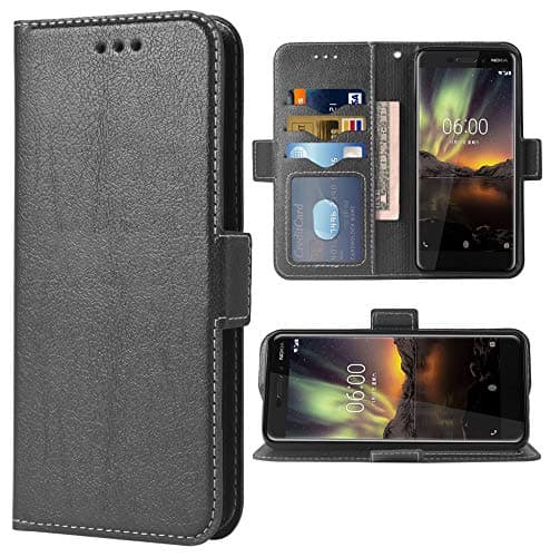 Image of Phone Case for Nokia 6.1 / Nokia 6 2018 Folio Flip Wallet Case,PU Leather Credit Card Holder Slots Full Body Protection Kickstand Hard Hybrid Protective Phone Cover for Nokia6.1 TA-1045 Cases Black
