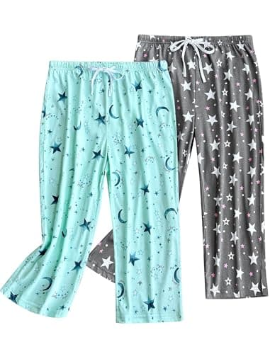 Image of MIA LUCCE Pyjama Bottoms Womens Capri Cropped Pyjamas for Women Stretch Drawstring Soft Pj Bottoms Soft Lounge Sleepwear(Light Blue Star Grey Star,L)
