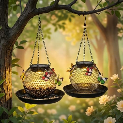 Image of 2 Pack Solar Lights Wild Bird Feeders for Outdoors Hanging - Mesh Bird Feeder Metal for Small Birds, Solar Lights Outdoor Garden Ornaments Waterproof for Garden Patio Yard Lanterns Outside (Black)