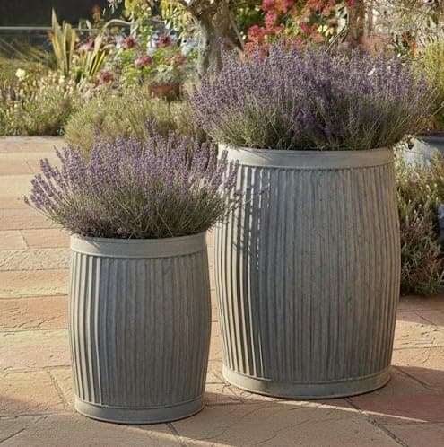 Image of My Square Mile Antique Design Galvanised Round Dolly Planter, Metal Plant Pot Garden Ribbed Classic Vintage 3 Size Options (Small 38cm)