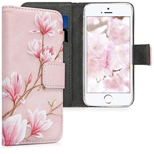 Image of kwmobile Wallet Case Compatible with Apple iPhone SE (1.Gen 2016) / iPhone 5 / iPhone 5S Case for Phone - Magnolias Pink/White/Dusty Pink