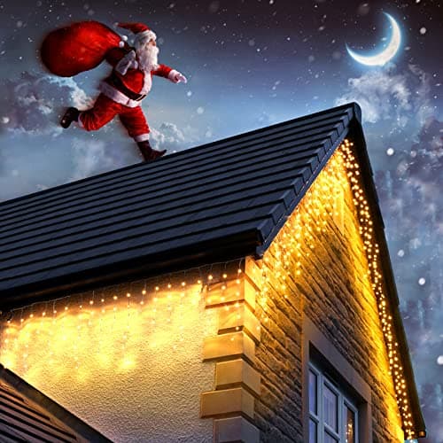 Image of Dalugo Icicle Outdoor Christmas Lights, 15M+10M 480 LED Warm White Fairy Lights Plug in with Memory Function, 6 Hours Timer, Waterproof Icicle Christmas Lights for Roof, Window, Balcony (Clear Cable)