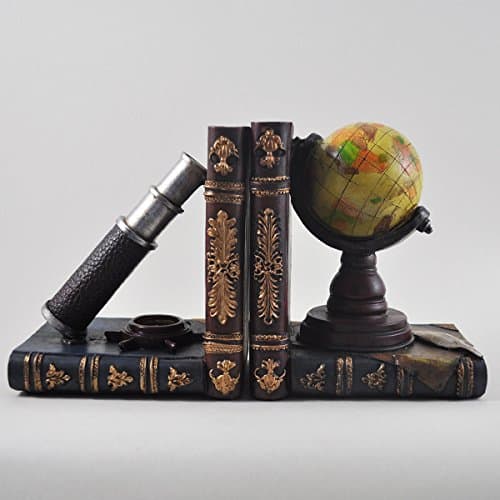 Image of Globe & Telescope Shelf Tidy Book Ends - Heavy Vintage Storage Hipster Office Study CDs DVDs Travel Exploration Gifts