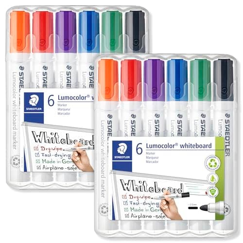Image of STAEDTLER Lumocolor Marker Pen Bullet Tip - Black, Green, Blue, Violet, Red, Orange Ink Colours - Pack of 12 Pens (351 WP6 Whiteboard Marker)