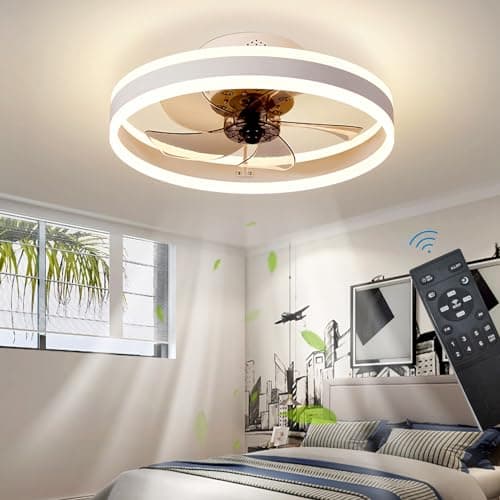 Image of OMGPFR LED Ceiling Fans with Lights Reversible Remote, 6 Speeds Modern Bedroom Fan Ceiling Light Quiet Dimmable Small Ceiling Fan Light for Living Room, White 50CM