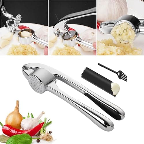 Image of Garlic Press Stainless Steel Kitchen Aid Garlic Press Stainless Steel Garlic Crusher Ginger Mincer with Peeling Aid and Brush for Kitchen Ginger Squeezer, Masher Mincer Tools
