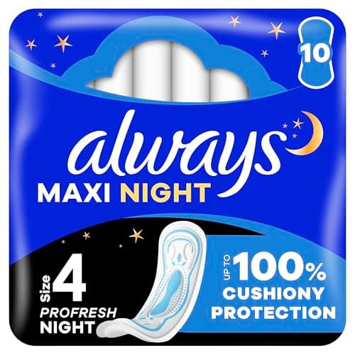 Image of Always Maxi Profresh Night Sanitary Towels, 90 Towels (9 x 10 Packs), Odour Neutraliser, Super Absorbent Core