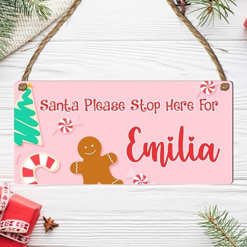 Image of Create a Magical Christmas Welcome with Personalised Santa Claus Stop Here Sign - A Festive Door Decoration featuring Your Family's Name 5 Festive Door Decor Designs (Mdf Wood Indoor Use Only, Pink)