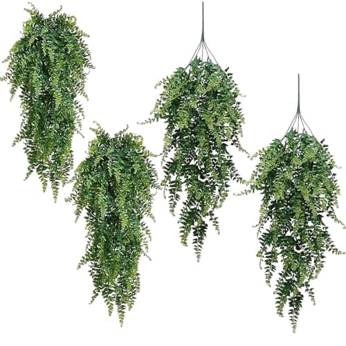 Image of RXKFIGX 4 Pcs Artificial Hanging Plants, Fern Artificial Trailing Plants Artificial Ferns Hanging Plants Boston Ferns Faux Persian Faux Trailing Plant Plastic Fern Leaf Fake Plants Indoor Decorative