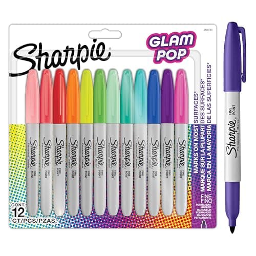 Image of Sharpie Glam Pop Permanent Markers | Fine Point for Bold Details | Assorted Vibrant Colours | 12 Marker Pens