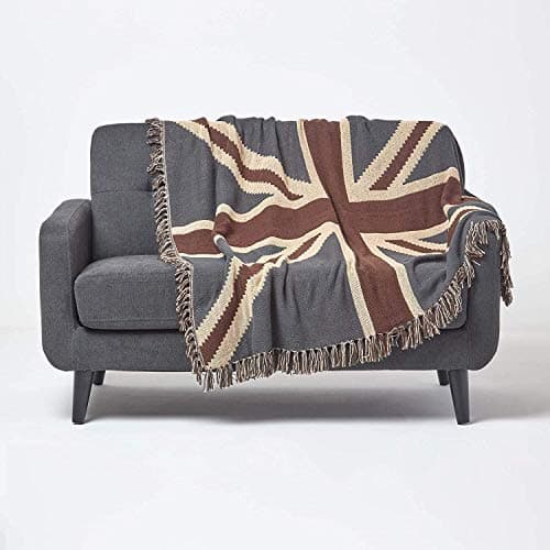 Image of HOMESCAPES Union Jack Flag Throw Blanket, 100% Cotton, Breathable, Handwoven Throws For Sofas Large, United Kingdom Flag Blanket For Bed & Armchair - Navy blue, Red, and Beige, 125 x 150cm