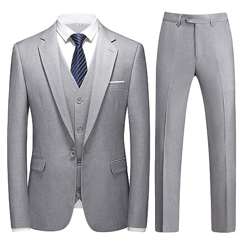 Image of KUDMOL Mens 3 Pieces Suit Smart Casual Office Business Work Slim Fit Blazer One Button Classic Lightweight Breathable Wedding Prom Tuxedo Jacket Vest Trousers Pants(LightGrey,2XL)