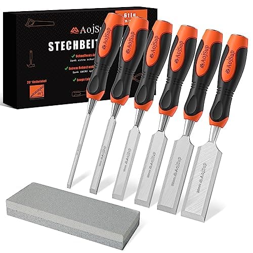Image of AojSup Wood Chisel Set, 6-Piece Woodworking Carving Chisels (6mm, 12mm,19mm, 25mm, 32mm, 38mm), Sharp Bevel Edge Chisels with Sharpening Stone, Perfect for Woodworking, Wood Carving and Sculpting