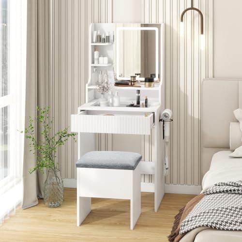 Image of YOURLITE Dressing Table with LED Lights, 3 Light Colors, Adjustable Brightness, Vanity Desk with Mirror and Drawers, Makeup Desk with Cushioned Storage Stool Charging Station for Bedroom