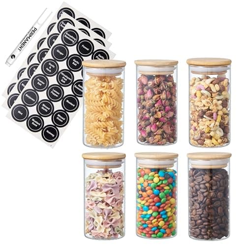 Image of ORNAMI Small Glass Food Jar with Natural Bamboo Lid and Silicone Ring for Airtight Sealing, Little Clear Canister Jar for Kitchen Storage, for Grains, Seeds, Salt, Pepper, Spices - Set of 6 (300ml)