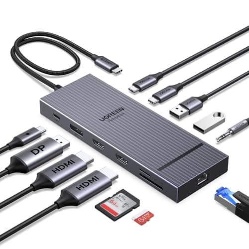 Image of UGREEN Laptop Docking Station Triple Display (2x HDMI +DP), 12-in-1, 100W PD, 2×10Gbps USB-C, 2x USB-A, 170MB/s SD/TF, Ethernet, Audio, 4K@120Hz Max DisplayPort, 40cm Cable, Aluminum Dock for Dell, HP