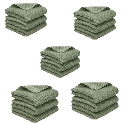 Image of Lint Free Cloth, Bathroom Drying Cloth, Microfibre Cloth for Cleaning Products, Dishcloths for Washing Up, Spontex Cloths, 29 by 29 cm, 5 Pack, Sage Green