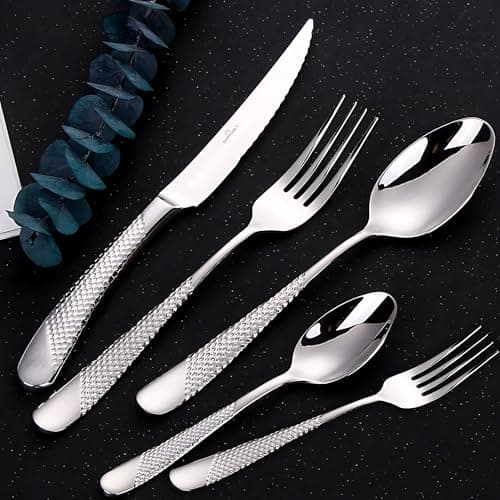 Image of DAFFODILY Luxury Cutlery Set 30 Piece 18/10 Stainless Steel Cutlery Set for 6 with 2-in-1 Steak Knives, Dishwasher Safe, Mirror Finished, Elegant Gift Box Included.