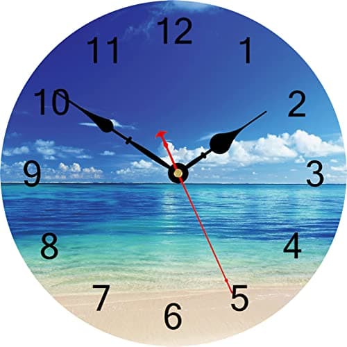 Image of TAHEAT Beach and Sea Wall Clock, 12 Inch Blue Bathroom Clock, Unusual Silent Non Ticking Battery Powered Wall Clocks for Kitchen Living Room Bedroom Office