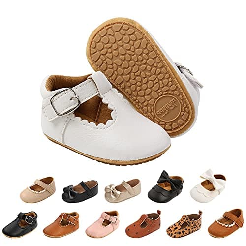 Image of Baby Girls First Walking Shoes Mary Jane PU Leather Anti-Slip Princess Shoes Infant Baby Shoes 12-18 Months,D White