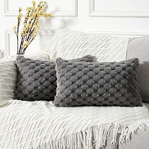 Image of YAERTUN Pack of 2 Decorative Faux Fur Grey Sofa Cushion Covers 30cm x 50cm 12x20 Inch Solid Rectangle Throw Pillow Cases Soft Cozy Luxury Pillow Covers Couch Bed Livingroom