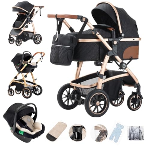 Image of Gcarebb 3 in 1 Prams Travel System, Pushchair with Height Adjustable Handle, Travel Pram with Mosquito Net, Baby Stroller with Aluminum Frame for Newborn 0-4 Years